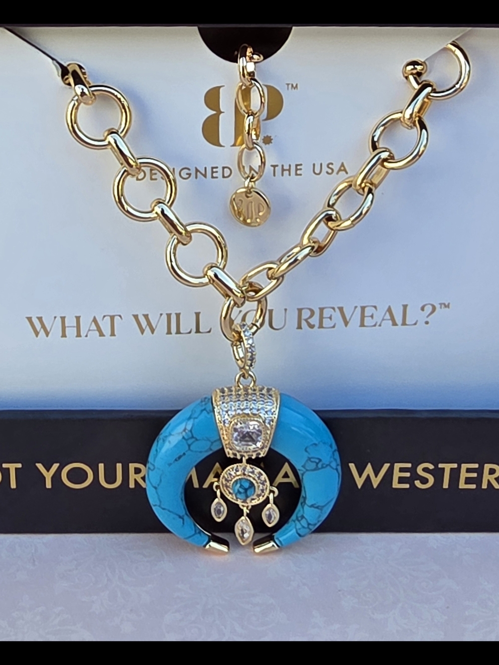 Bomb Party Outlaw Gold-Tone Turquoise Crescent Pendant Necklace - Picture 3 of 12